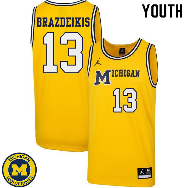 Youth Michigan Wolverines #13 Ignas Brazdeikis Yellow 1989 Retro Basketball Basketball Jersey